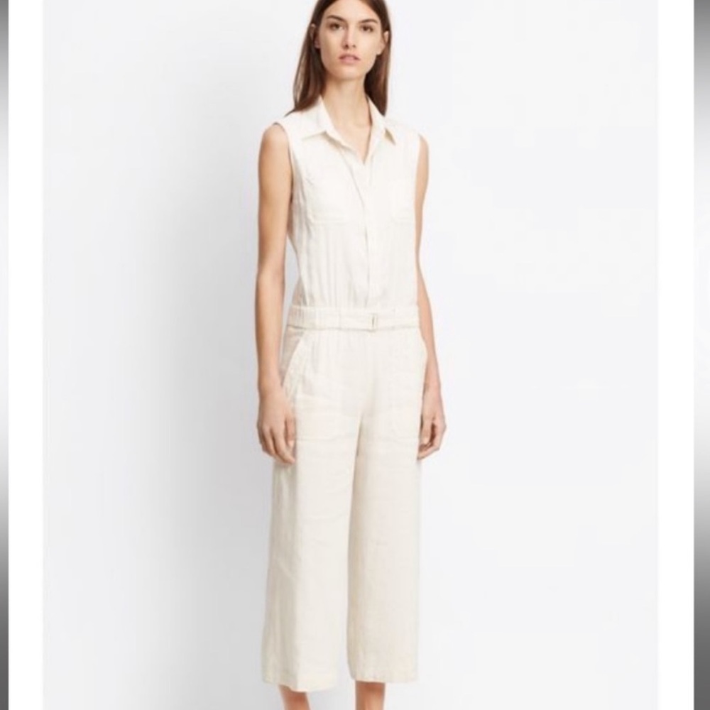 VINCE linen blend belted wide leg cropped jumpsuit 8